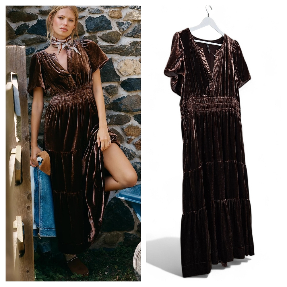 Anthropologie Somerset Velvet Maxi Dress XLP Chocolate Brown Petite